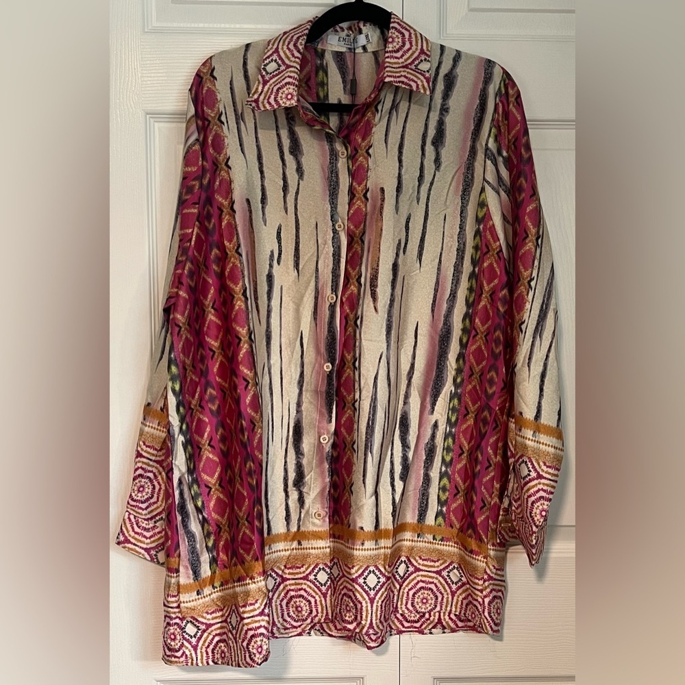 Emilie Paris Boho Print Button-Up Shirt in Cream, Pink & Gold